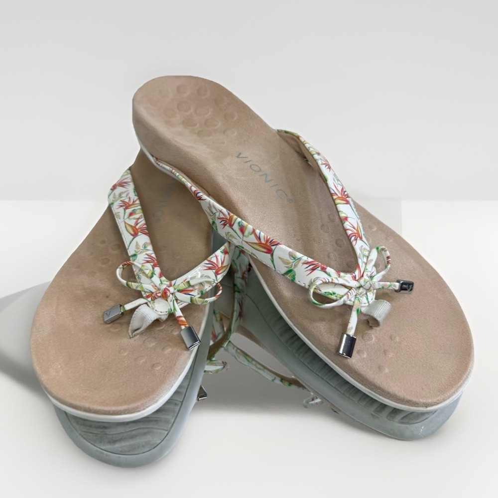 Vionic‎ Womens Bella II Thong Sandal 10 Floral Print Post Bow Detail Flip Flops